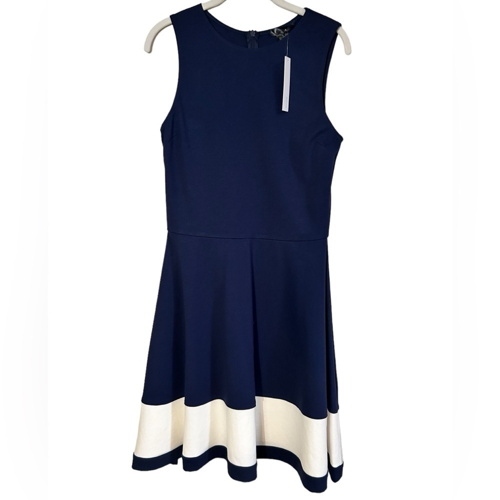 Aqua Fit And Flare Navy Blue Sleeveless Dress White Border Size Large NWT